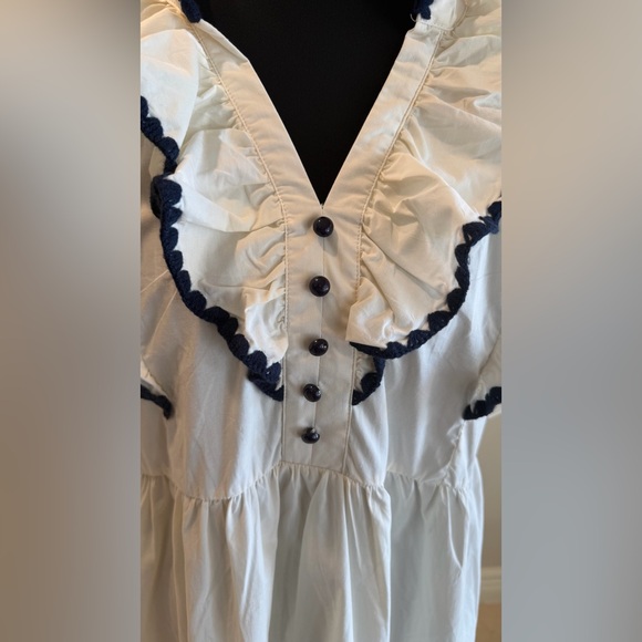Umgee Cream Tiered V-Neck Dress with Navy Crotchet Trim - Picture 3 of 6